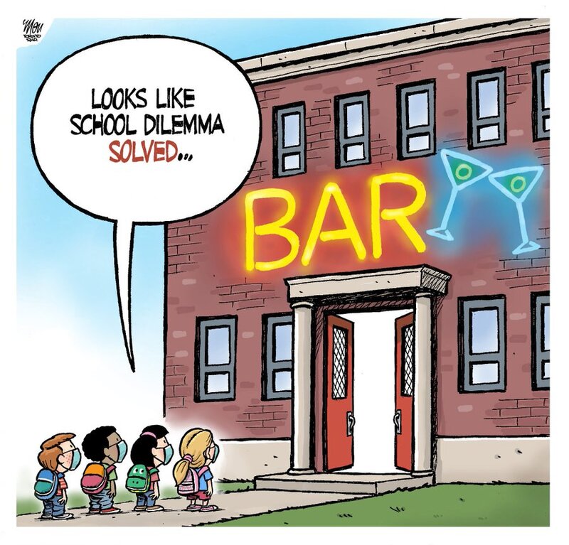 A political cartoon depicting a school being renamed Bar. A caption on the picture says Looks Like School Dilemma Solved.