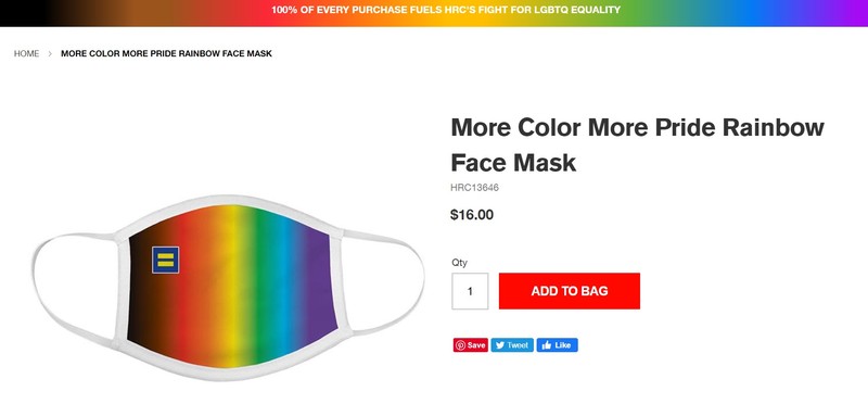 Screenshot of a pride mask, which costs $16.00.