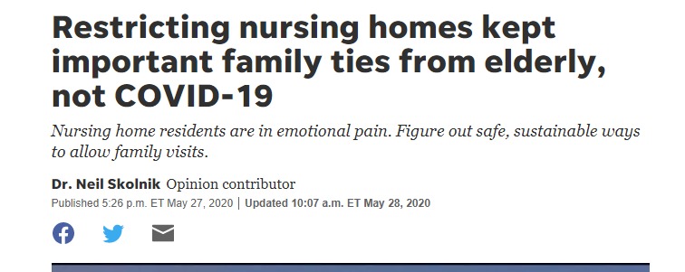 Screenshot of an opinion article with the title "restricting nursing homes kept important family ties from elderly, not COVID-19".