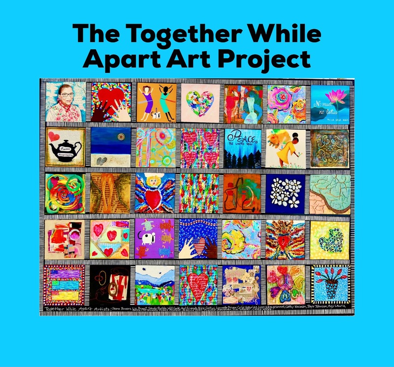 This is a picture of a colorful quilt which has a banner above it reading: "The Together While Apart Art Project". 