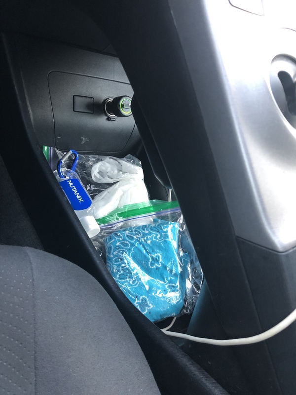 Items to stored in car to prevent viral contamination - hand sanitizer, bandana to cover mouth and nose and disinfecting wipes.