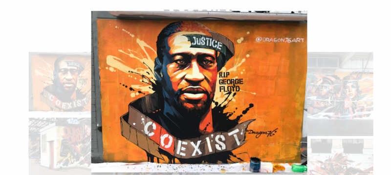 This is a picture taken of a mural painted in memory of George Floyd. A banner on the top reads 'Justice', next to a caption reading 'RIP George Floyd". A second banner below the image reads "Coexist". 