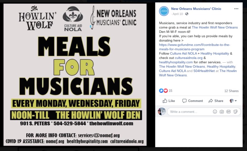 A screenshot of a Facebook post made by New Orleans Musicians' Clinic. 