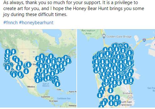 A social media post including two maps of people that ordered "Honey Bear Hunt Kits". The post reads "As always, thank you so much for your support. It is a privilege to create art for you, and I hope the Honey Bear Hunt brings you some joy during these difficult times".  
