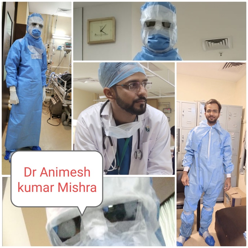 This is a collage of pictures taken of a man in medical scrubs. A caption reads "Dr. Animesh kumar Mishra". 