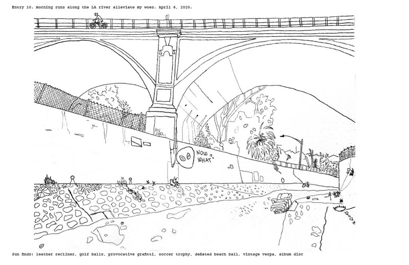 Drawing of a river and a bridge. 