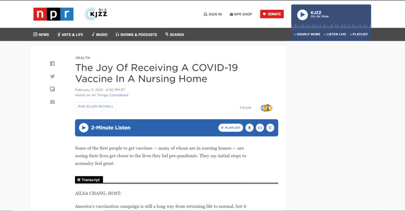 Screenshot of NPR news article. Headline reads "The Joy of Receiving a COVID-19 Vaccine in a Nursing Home".