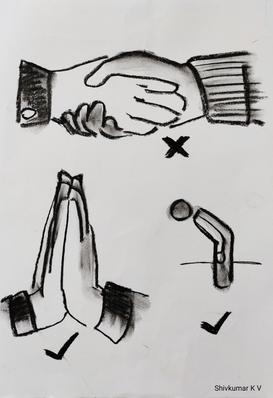 Drawing of hands shaking with a X beneath it. On the bottom left has two hands touching palms with a check mark underneath the hands. On the bottom right is a person bowing with another check mark underneath.  