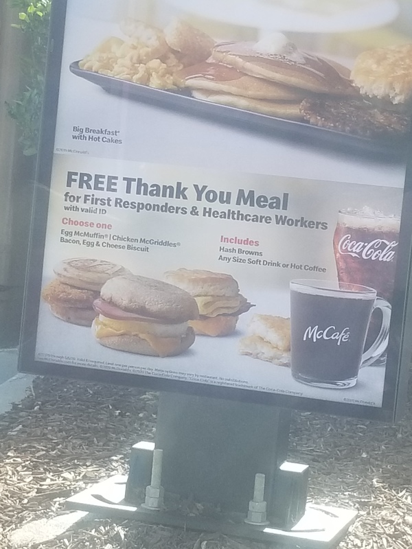 A sign for healthcare workers at a fast food restaurant. 