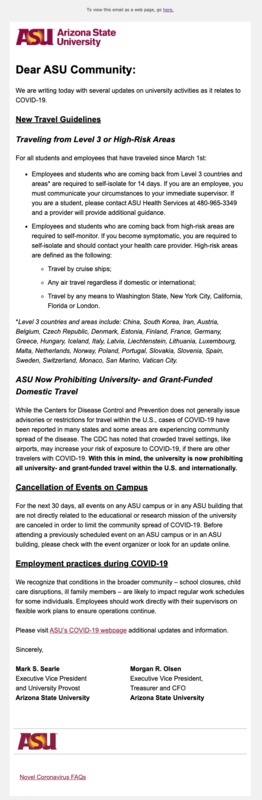 Screenshot of an Arizona State University (ASU) email that shows new travel guidelines for students and staff. The email also includes events being canceled on campus and employment practices during COVID-19. 