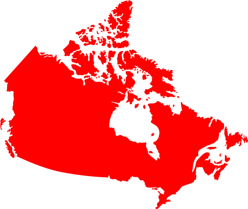 This is an image of a map of Canada, with the landmass being colored red. 