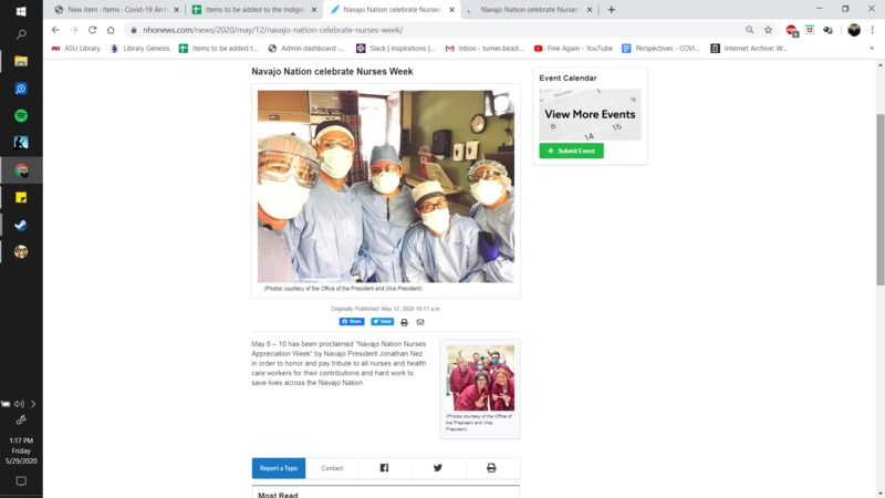 Screenshot of a news article with the headline, "Navajo Nation celebrates Nurses Week" and an image of several nurses in masks and face-shields.