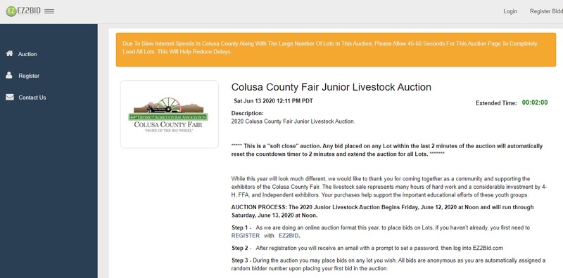 Screenshot of the Colusa County Fair Junior Livestock Auction homepage.
