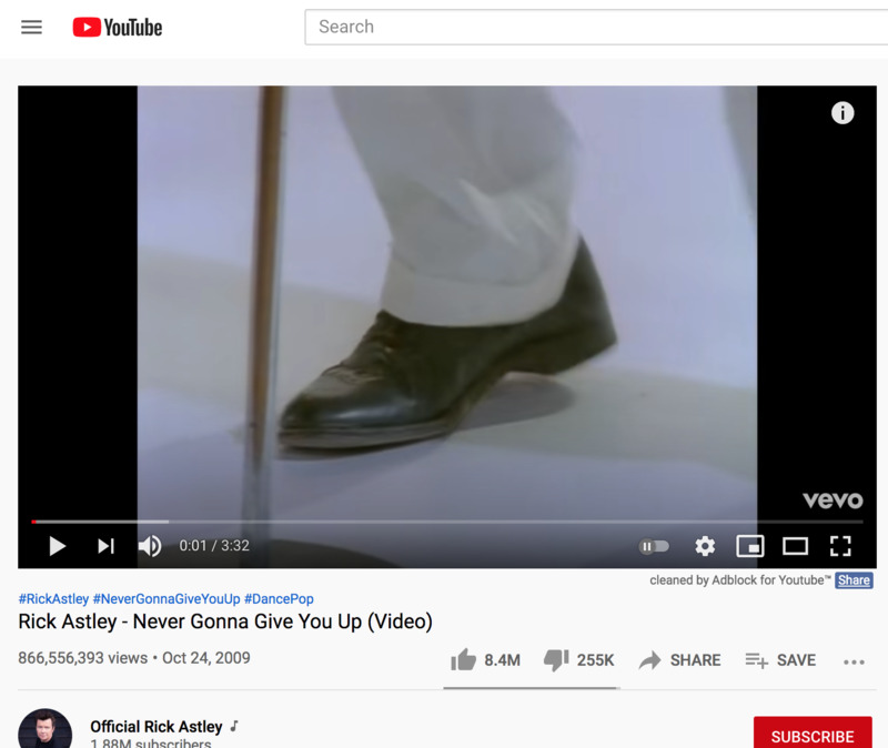 Screenshot of YouTube video: Rick Astley - Never Gonna Give You Up.