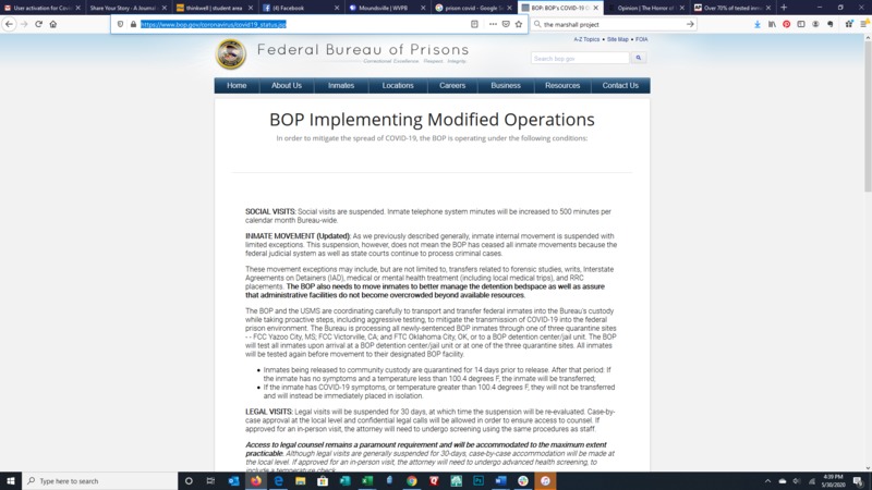 A screenshot of an announcement of modifications to the Bureau of Prisons' operations due to COVID-19.