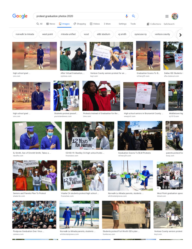 A screenshot of multiple pages of the images resulting from a google search on Protest Graduation Photos 2020.