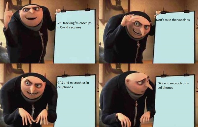 This is an image of a meme depicting the main character from the Despicable Me movie Gru flipping through ideas on a presentation easel. The first slide reads "GPS/Tracking microchips in Covid vaccines", the second says "Don't take the vaccines", and the third and forth read "GPS and microchips in cellphones". Gru looks dismayed by the text on the last two slides. 