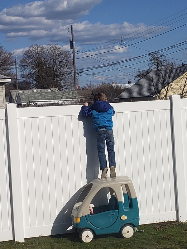 A child is standing on top of a blue and beige car to peek over a white fence. The child is wearing a blue jacket with jeans on. The child is standing on their tippy toes. 