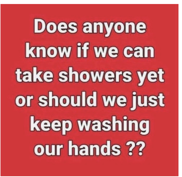 Screenshot of a meme that says "Does anyone know if we can take showers yet, or should we just keep washing our hands??".
