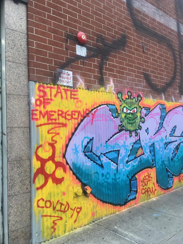 graffiti on the side of a building stating "a state of emergency" and an image of the covid virus 