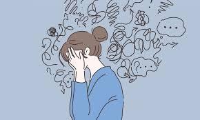 Drawing of woman in blue shirt with head in her hands.  Scribbled lines depicting anxiety surround her head.