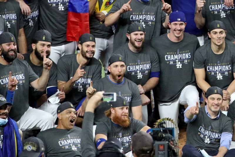 A picture of the Dodgers baseball team during the 2020 World Series in the stands. 