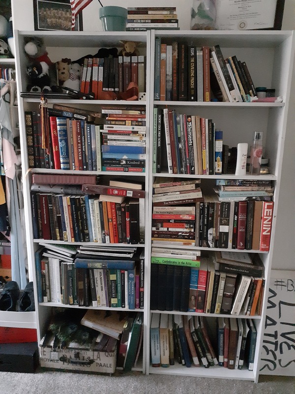 This is a picture of a person's very full white bookshelf. 