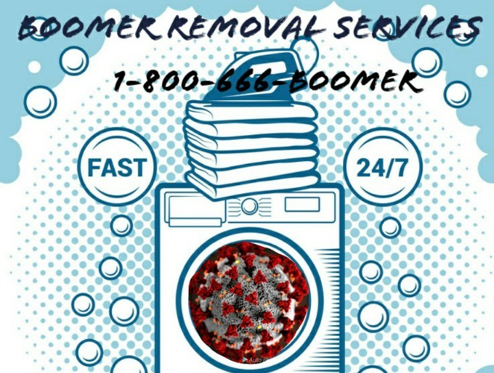 A meme with a washer that has the coronavirus inside. The meme says: Boomer Removal Services 1-800-666-BOOMER FAST 24/7.