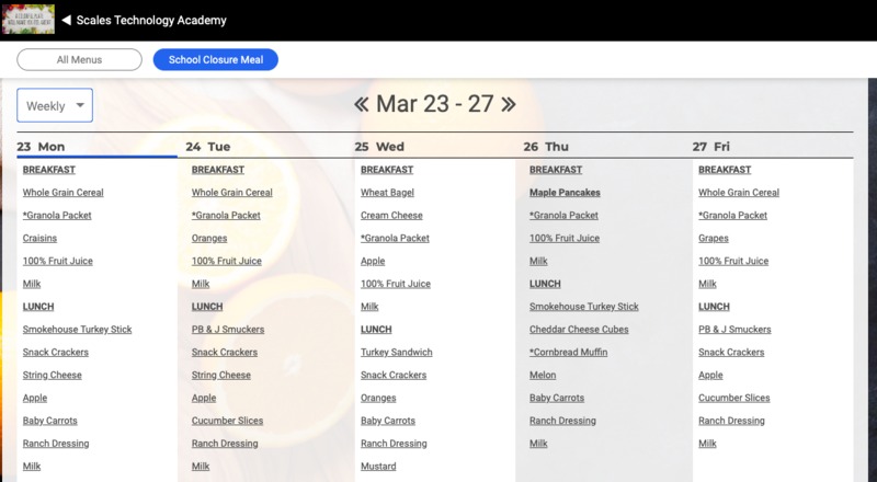 A screenshot of a food menu at Scales Technology Academy. 