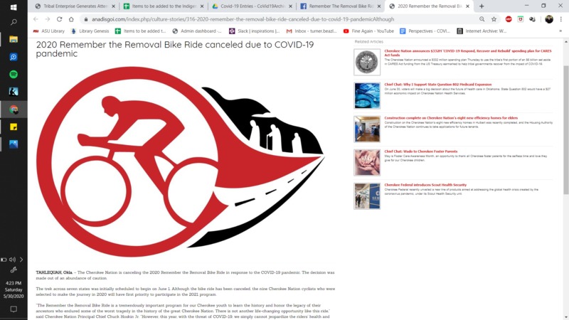 A screenshot of an article titled "2020 Remember the Removal Bike Ride Cancelled Due to COVID-19 Pandemic".