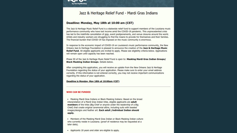 Screenshot of information page regarding "Jazz & Heritage Relief Fund - Mardi Gras Indians" 