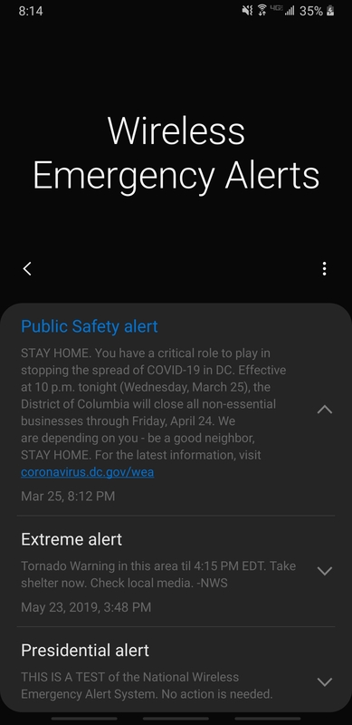 A Public Safety alert that was sent through a text message by the Government of the United States of America. 