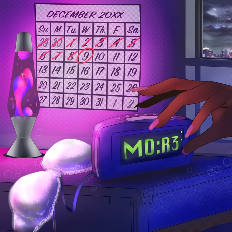 This is an image depicting a person reaching for an alarm clock. There is a lava lamp on a desk in the background, and a calendar which has several days crossed out on the wall.  