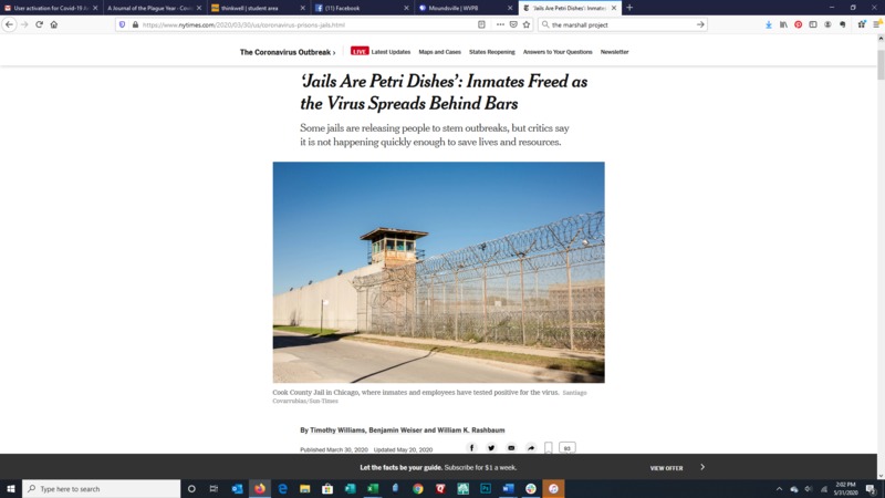 A screenshot of a news article with the title "'Jails are petri dishes': inmates freed as the virus spreads behind bars".