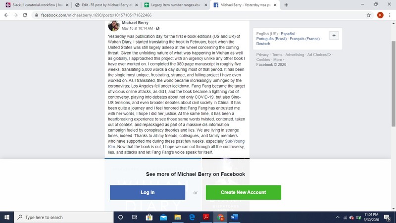 A screenshot of a facebook post discussing the publication of an e-book titled "Wuhan Diary".