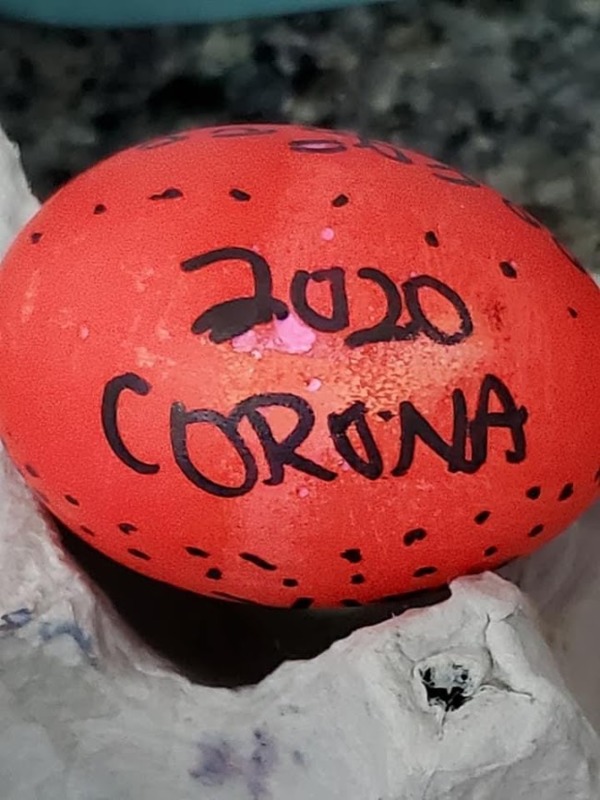 A painted egg that says "2020 corona".