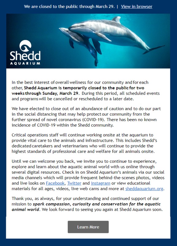 A screenshot of an email that was sent out to the patrons of Shedd Aquarium. 