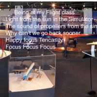 This is a picture of a meme, in which what seems to be a room in an aircraft museum can be seen. Text on the photo reads: "Being at my flight class.. Light from the sun in the simulator, the sound of propellers from the sim, why can't we go back sooner. Happy focus Tencasity. Focus Focus Focus". 