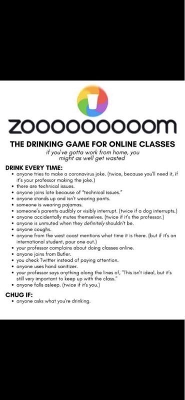 Zoom drinking game instructions. 