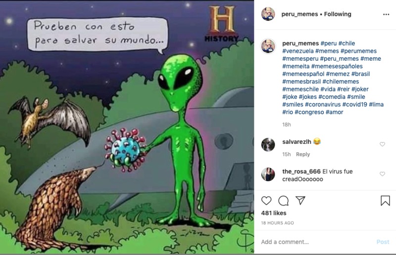 Screenshot of a cartoon that has an alien giving an anteater and a bat a virus with Spanish captioning underneath it. 