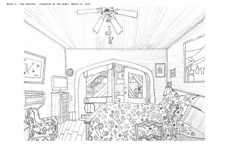 Drawing of a bedroom.