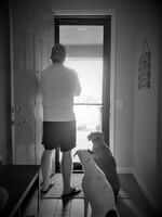 This is a black and white photo which depicts a man wearing a backwards baseball cap and two dogs staring out of a screen door. 