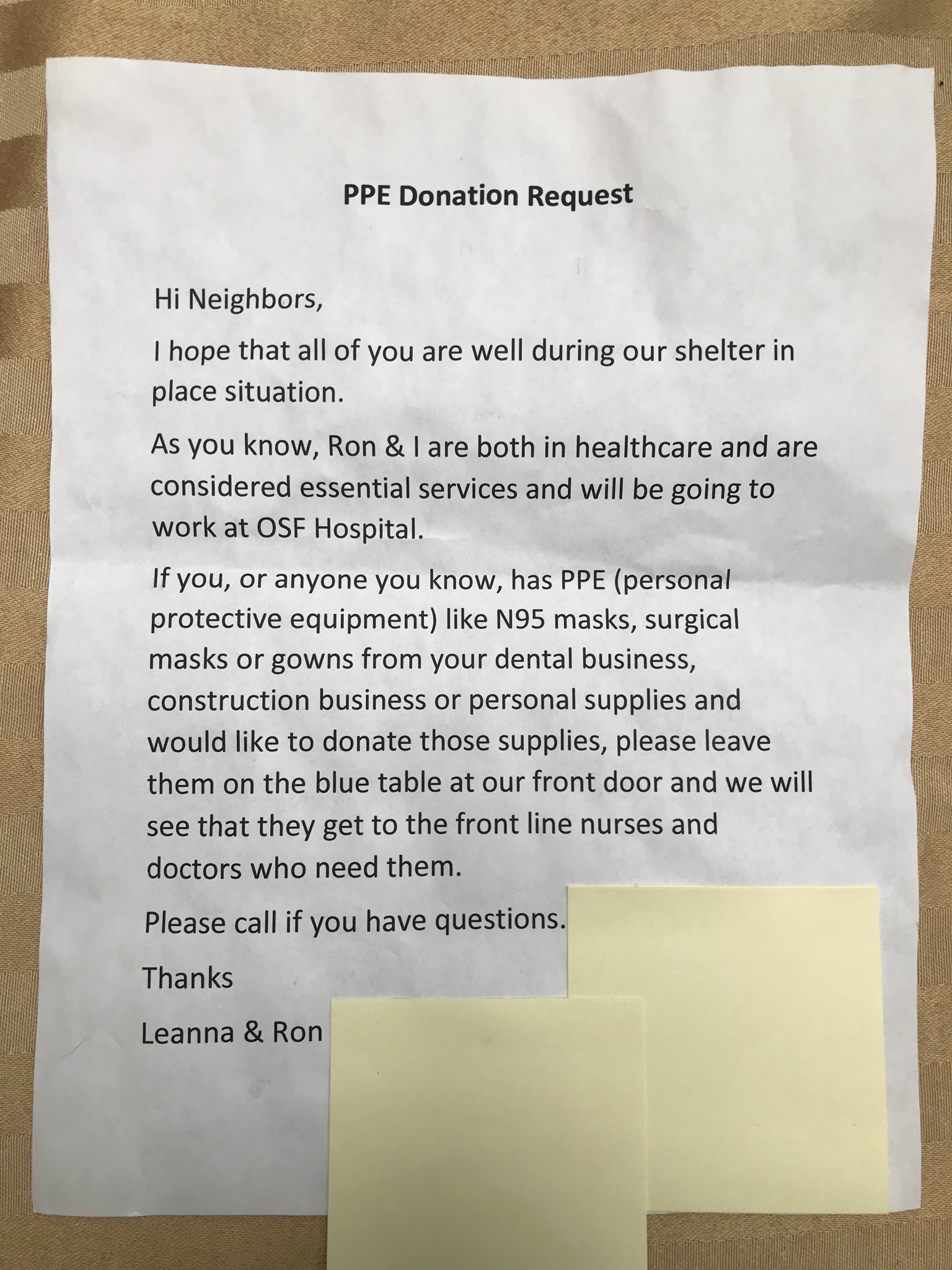 Letter From Neighbors Asking For Donations Of Masks And Gloves To Local 