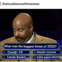 Game show screenshot asking about the biggest threat of 2020.