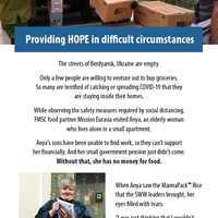 A poster created by the organization "Feed My Starving Children" that discusses how the organization brought food to an elderly woman in Ukraine.