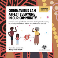 Image of a sign which reads coronavirus can affect everyone in our community. Coronavirus can spread easily to everyone. Washing hands regularly, not touching your face and keeping your distance can save lives.