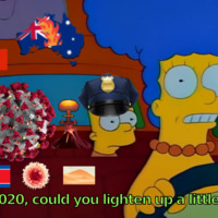 A cartoon photo from the show, The Simpsons where the character in the front is overwhelmed by all of the events in 2020. The text reads "2020, could you lighten up a little?"