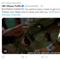 Tweet from CBC Ottawa Traffic reminding patrons that a mask is still required to ride the bus or train.
