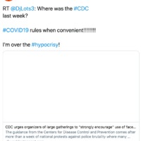 Tweet for Dorcas decrying the CDC as using the coronavirus recommendations as politically motivated.