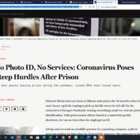 A screenshot of an article titled "No Photo ID, No Services: Coronavirus Poses Steep Hurdles After Prison".